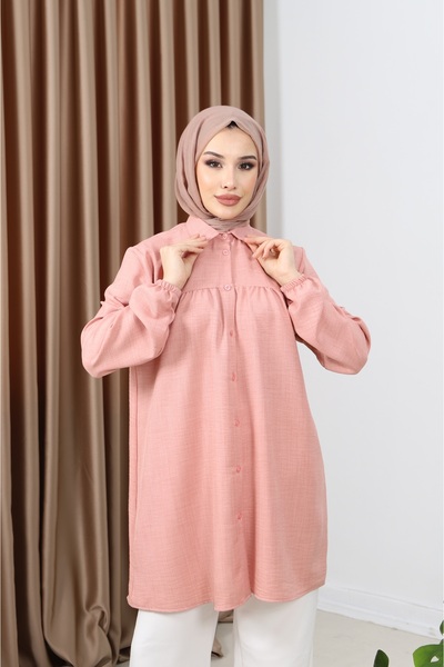 Giyim Gezegeni Women's Imported Linen Tunic Shirt with Gathered Front and Elastic Sleeves