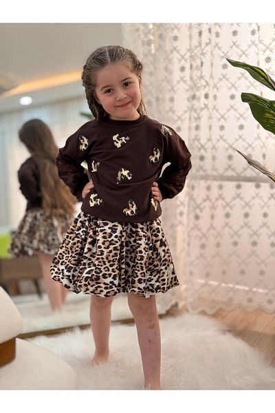 GÖKJOY BUTİK Leopard Heart Print Detail Girl's Skirt Suit