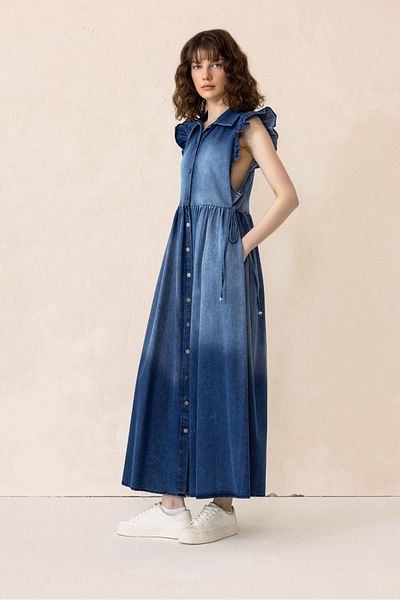 Olcay BLAU 9296-E Ärmelloses Jeanskleid mit Fransen