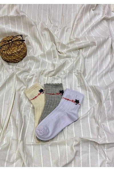 FUBA Aksesuar 3 Pairs Cute Multicolored Cat Pattern Socks Ribbed Socks
