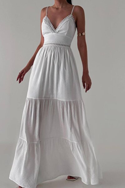 ZISHAN Dantel Detaylı Modern Tasarım Askılı Uzun Yazlık Yumuşacık Kadın Elbise  1862