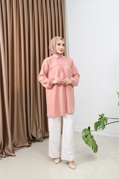 Giyim Gezegeni Women's Imported Linen Tunic Shirt with Gathered Front and Elastic Sleeves