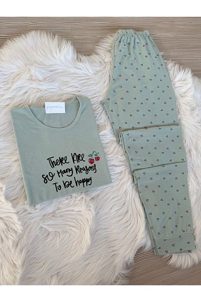 Pijamacs Set de pijamale tricotate cu mânecă scurtă din bumbac cu model verde cireș