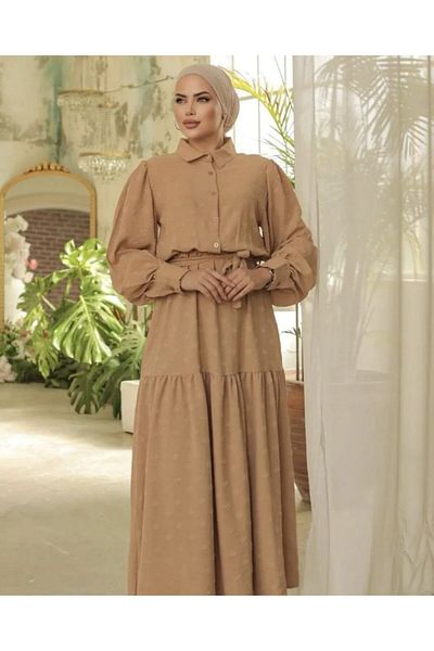 Yıldızistan Women's Camel Plus Size Options, Long Balloon Sleeve Casual Long Aerobin Dress 3550350