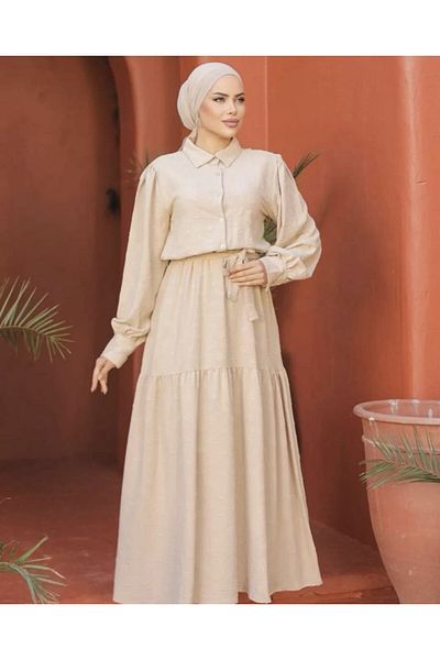 Yıldızistan Women's Stone Self Textured Belted, Long Balloon Sleeves Casual Long Aerobin Dress 3550350