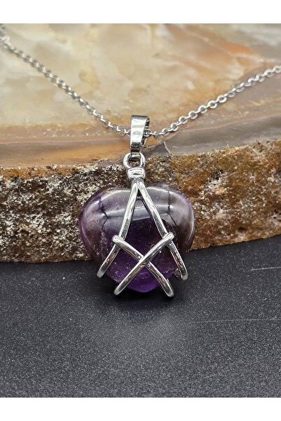 NBS Beautiful Naturel Stones Kadın Trend Tasarım Çelik Zincir Ametist Kalp Ka...