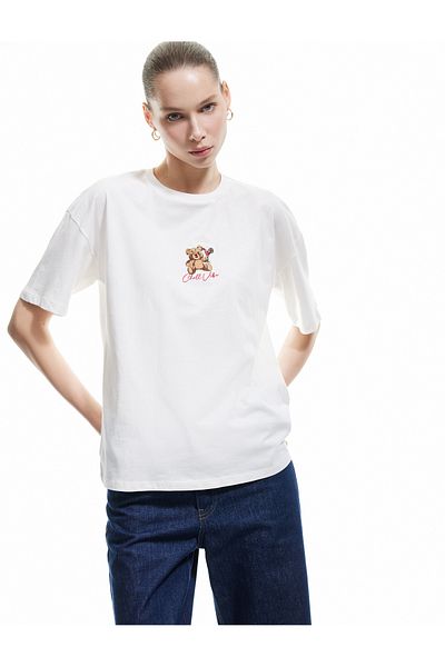 Koton Teddy Bear Embroidery Detailed Cotton Crew Neck Short Sleeve Oversize T-Shirt