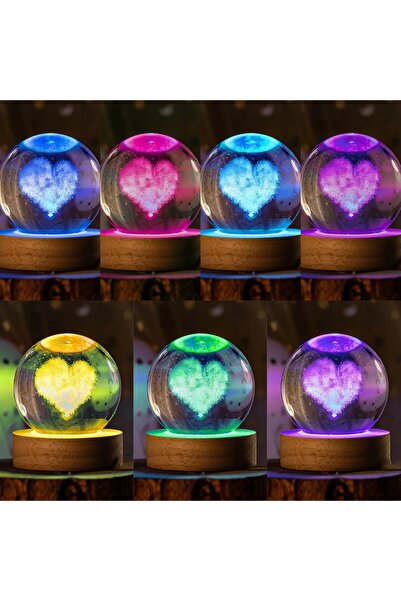 Wolawood Kalp Temalı 3D Kristal Cam Küre RGB Renk Değiştiren LED Işık USB Ahş...