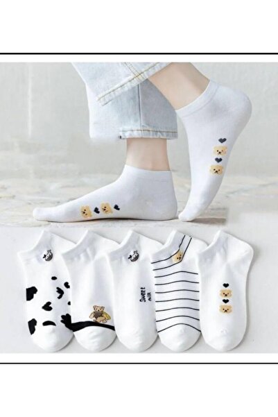 Moda Banuş 5 Pairs Panda and Cow Patterned White Women's Booties Socks Set
