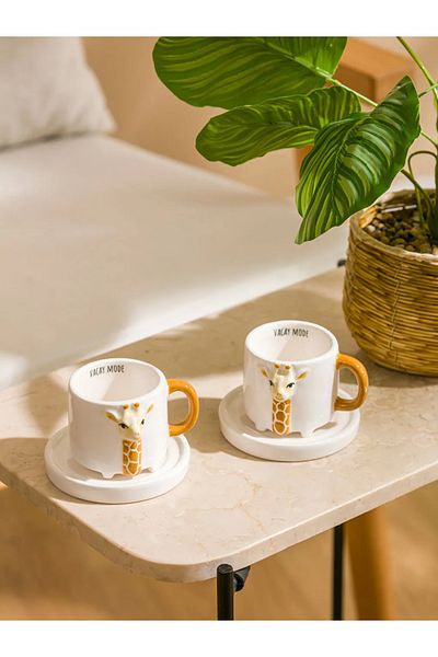 LC Waikiki Set of 2 Ceramic Coffee Cups Lcw Home Mixed Giraffe Figured 80 ml