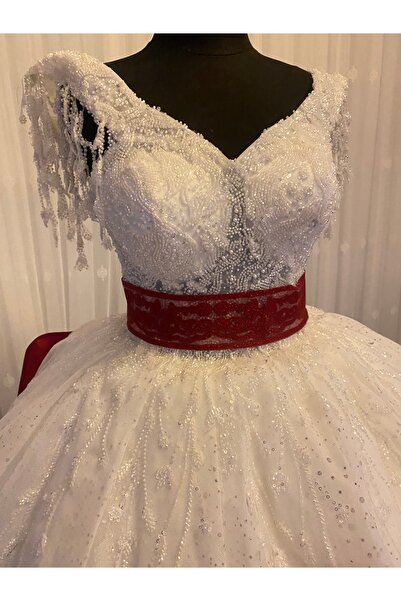 SPECİAL ARENA Kırmızı Simli Kadife Gelin Kemeri Gelin Kuşak