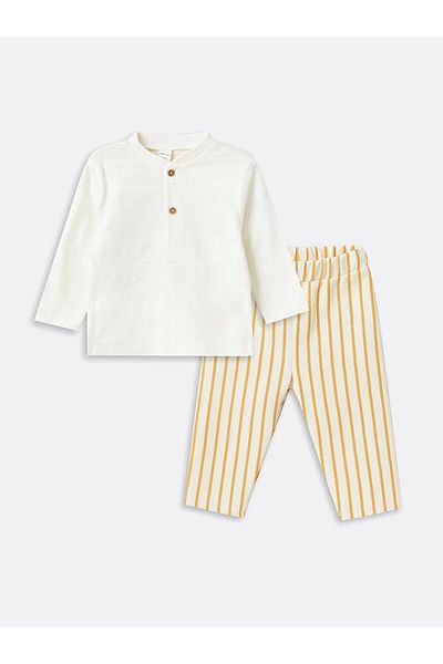 LC Waikiki Lcw Baby Ekru Crew Neck Long Sleeve Baby Boy T-Shirt and Pants Set of 2