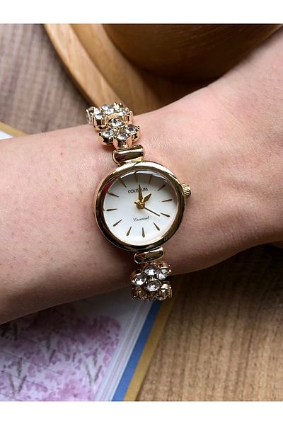 Coliseum Stylish Gold Women's Wristwatch with Round White Stone Inside