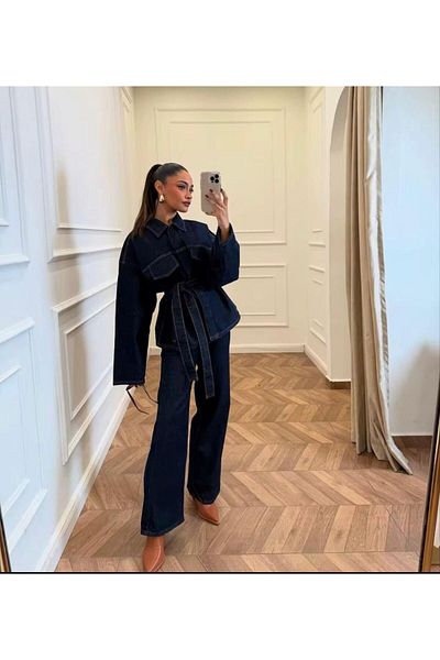 sunfyre Women Dark Navy Blue Belted Denim Jacket Trousers Set