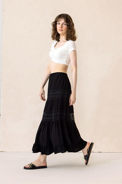 Olcay Spitzenrock mit elastischer Taille, SCHWARZ 7061