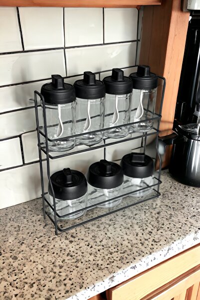 Patulya Aksesuar Metal Standlı Siyah 7 Li Cam Kavanoz ve Baharatlık Seti