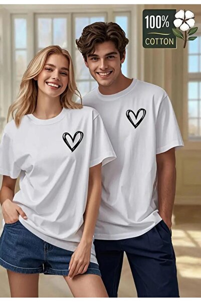 woonkey Set de 2 tricou alb supradimensionat cu imprimeu de cuplu de îndrăgos...