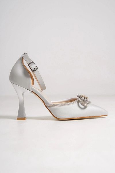 FOLLOWHER Women's Satin Bow Stone Detailed Heeled Evening Dress Shoes