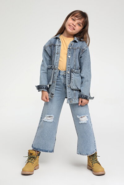Escabel Cepli Kız Kot Ceket - Mavi