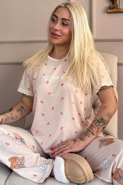 Pijamaevi Light Powder Great Pattern Knitted Short Sleeve Women's Pajamas Set