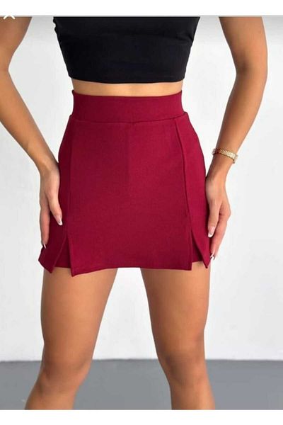 Butik Merrline Women's Burgundy Premium Jacquard Fabric Double Slit Shorts Skirt
