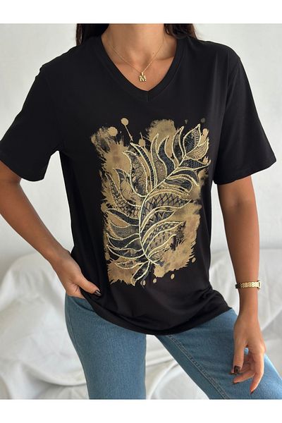 Esra Butik Hane Tricou de damă, negru, cu decolteu în V, cu frunze brodate, cu paiete, brodat, 100% bumbac