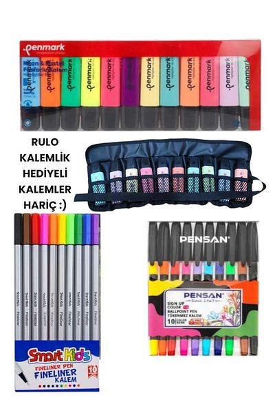 penmark Highlighter Fineliner and Felted Pen Set - Ballpoint Roller Pen Holder Gift