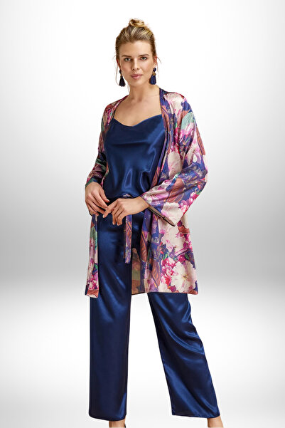 vory Kadın Düğmeli Çiçek Baskılı Lacivert Saten Kimonolu Pijama Takımı VR.NT.e59.51.Y01.61