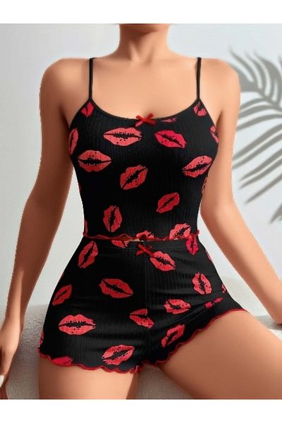 IVONA LINGERIE Kiss Patterned Black Strap Shorts Set
