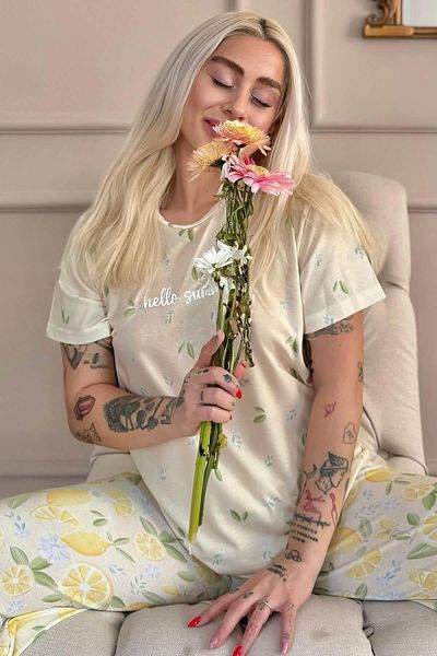 Pijamaevi Yellow Green Hello Summer Patterned Knitted Short Sleeve Women's Pajamas Set