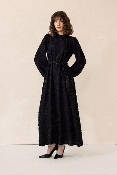Olcay Glitzerndes Hijab-Abendkleid mit Quastenmuster – SCHWARZ