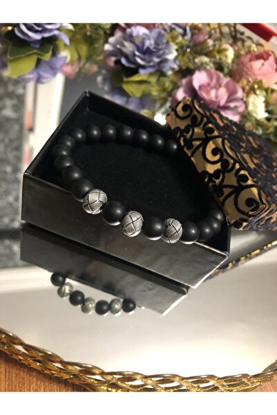 ES Esjewerlygümüş kazaziye gümüş top işlemeli mat obsidyen taşı bileklik
