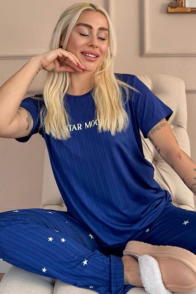 Pijamaevi Blue Star Mood Patterned Short Sleeve Marlenka Women's Pajamas Set