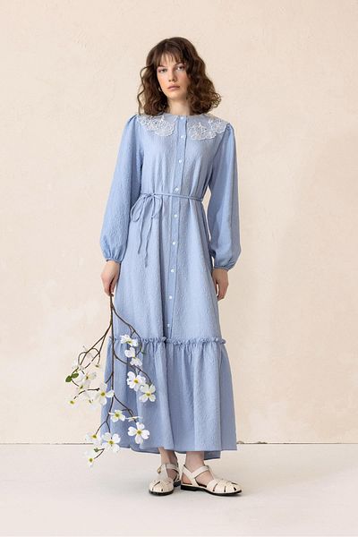 Olcay Mavi Yakası Fisteden detalle Rochie lungă din jacquard 9298-E