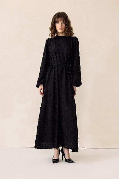 Olcay Glitzerndes Hijab-Abendkleid mit Quastenmuster – SCHWARZ