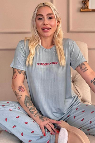 Pijamaevi Aqua Summer Vibes Patterned Short Sleeve Marlenka Women's Pajamas Set
