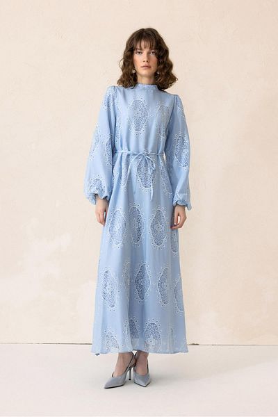 Olcay Rochie lungă cu mâneci și gura adunată cu detaliu guipur ALBASTRU 9301-E