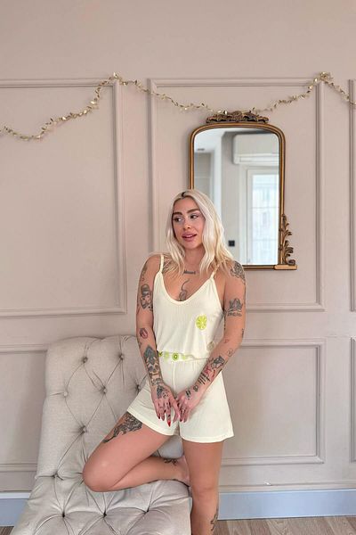 Pijamaevi Yellow Citron Fresh Patterned Knitted Rope Strap Shorts Women's Pajama Set
