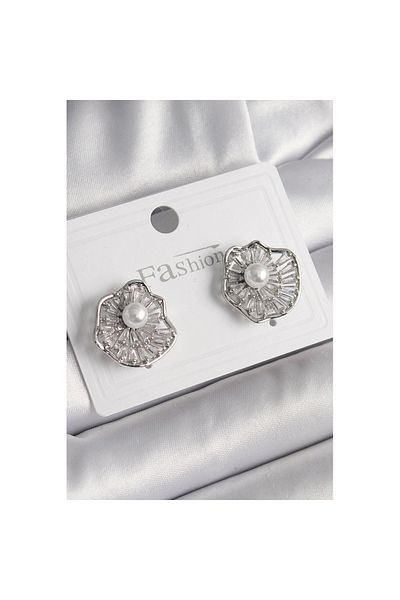Skygo Brass Silver Color Zircon Stone Flower Model Pearl Detail Women's Earrings - Tj-Bkp9974