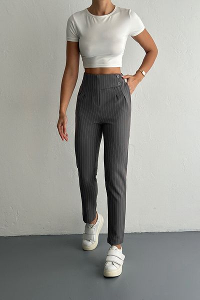 MOZENA Striped Double Fabric Waist Belt Detailed Carrot Trousers