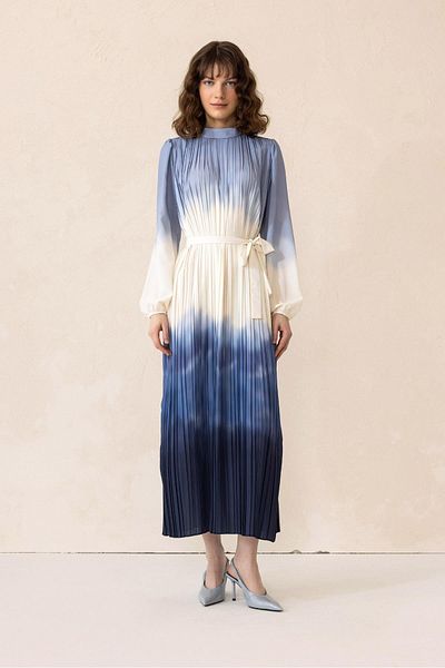 Olcay Rochie lungă plisată albastră cu model Tie-Dye 9304-E