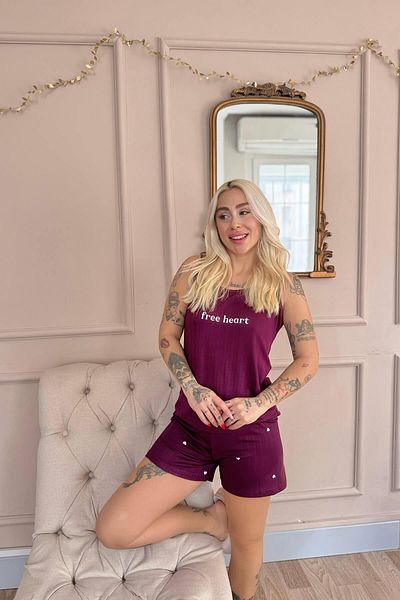 Pijamaevi Pflaume Free Heart Gemusterte Shorts Marlenka Damen Pyjama Set