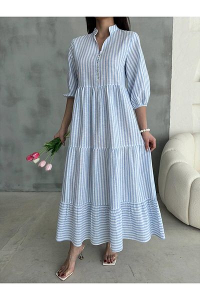 modaserdem Striped Linen Judgment Collar Buttoned Loose Dress - Blue