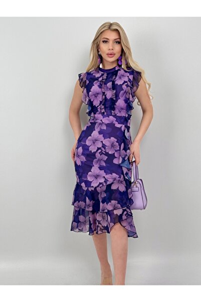 Afiş Butik Mor Şifon Çiçek Desenli Fırfırlı Midi Elbise