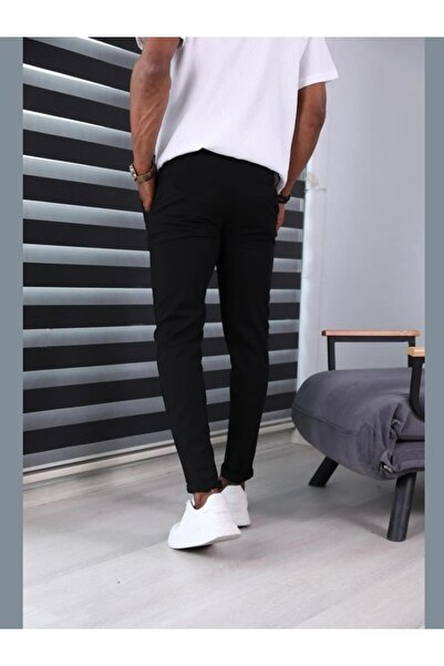 Boi Men's Lucian Black Elastic Waist Slim Fit Cut Crepe Fabric Trousers - Regular Leg Summer