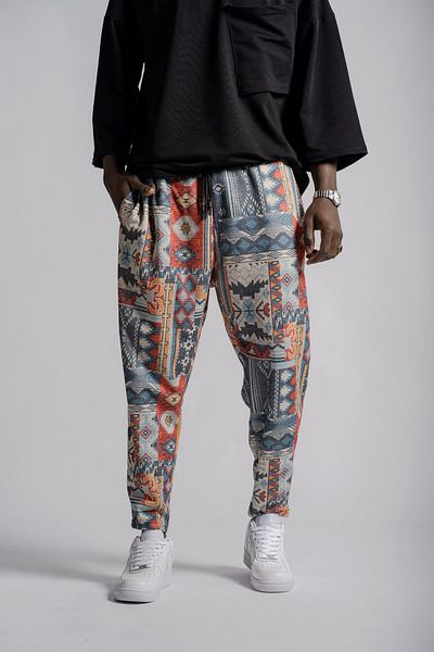 Superbluemexico Men's Ethnic Patterned Elastic Baguette Trousers