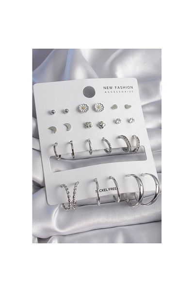 Skygo 12 Pairs Brass Silver Zircon Cubic Zirconia Women's Earrings Set - Tj-Bkp9690