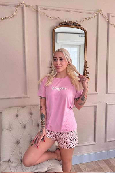 Pijamaevi Pink Bonjour Patterned Short Sleeve Shorts Knitted Women's Pajama Set