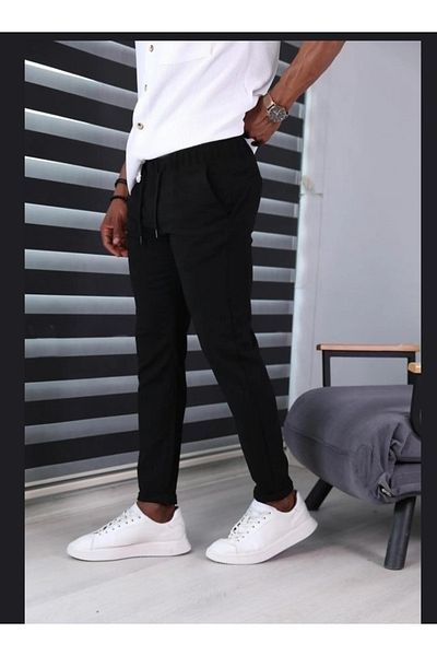 Boi Men's Lucian Black Elastic Waist Slim Fit Cut Crepe Fabric Trousers - Regular Leg Summer