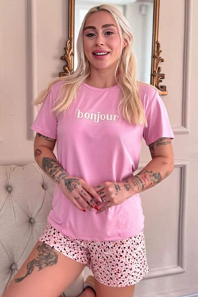 Pijamaevi Pink Bonjour Patterned Short Sleeve Shorts Knitted Women's Pajama Set